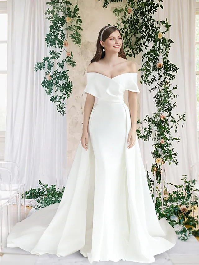 Luolandi Wedding Dresses Off Shoulder Detachable Satin Short Sleeve Simple Vintage Pure Color